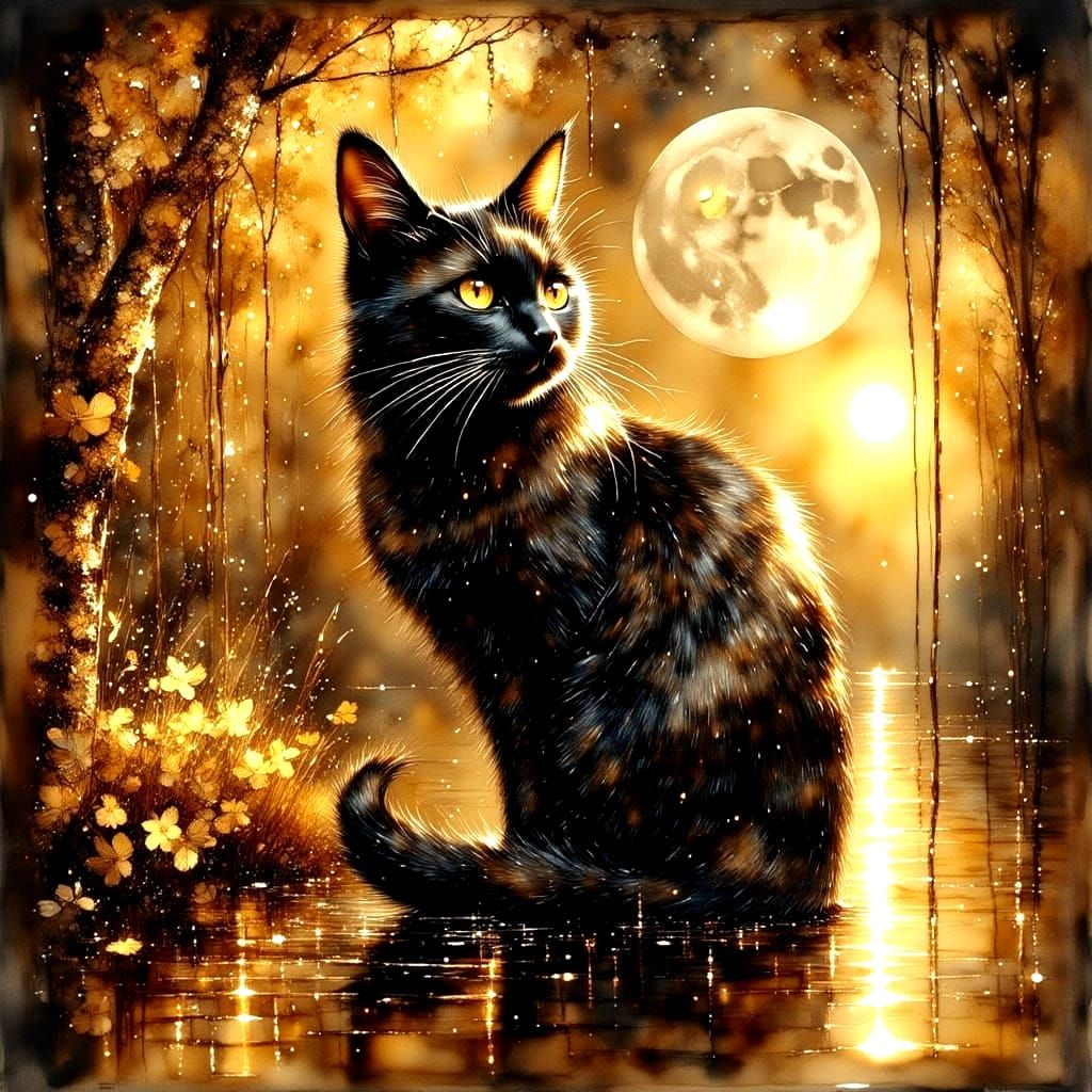 Opulent Black Cat Portrait in Ink and Gold