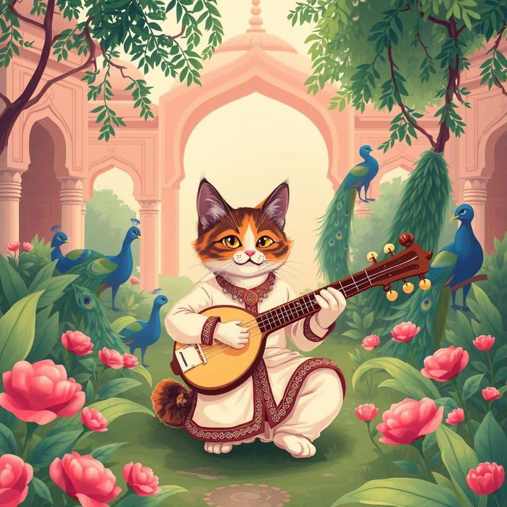 Calico Cat Plays Sitar in Mughal Garden