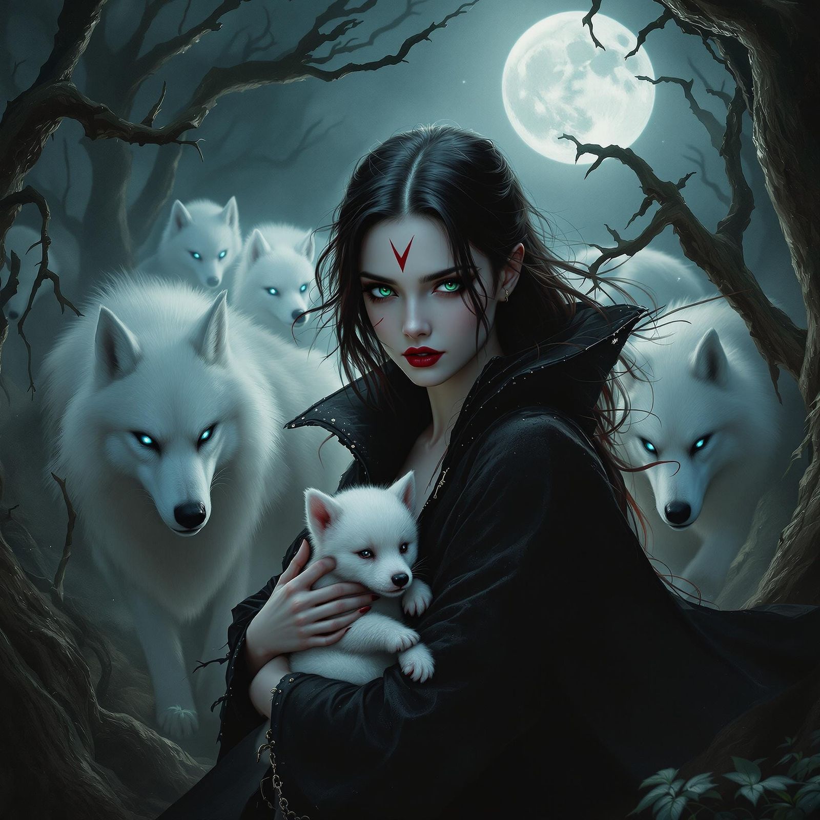 Moonlit Vampire Girl Runs with Pack of White Werewolves in P...