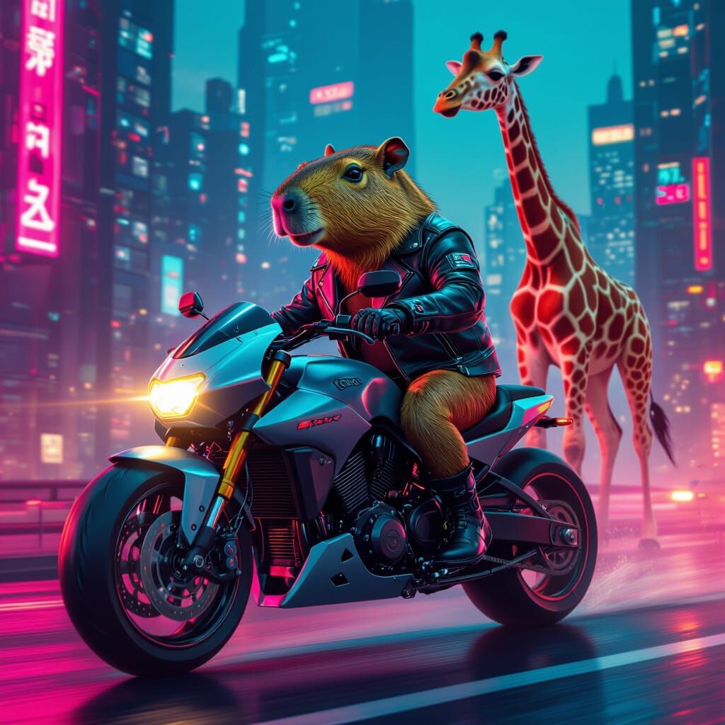 Capybara Motorcycle Rider in Futuristic Cityscape