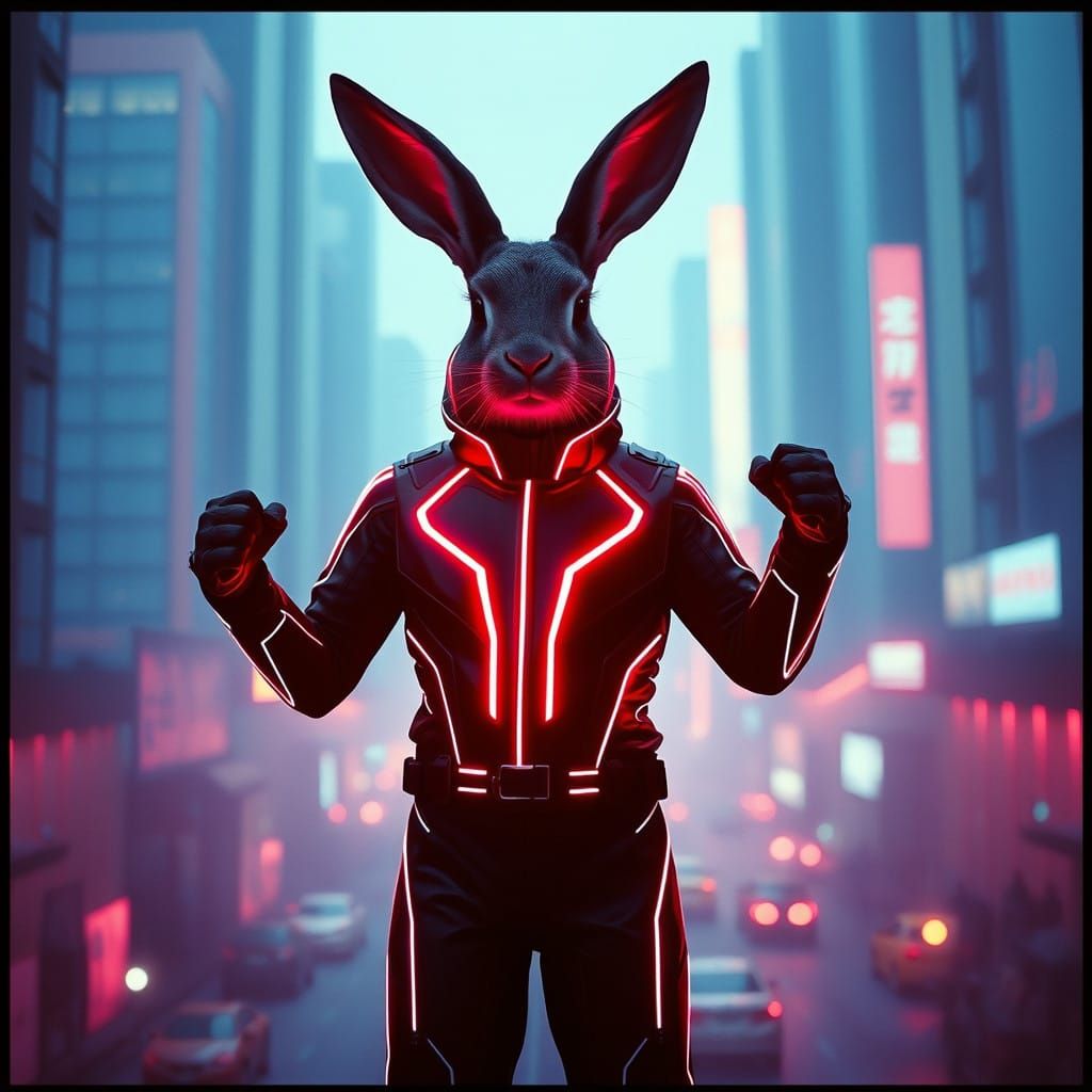 Cyberpunk Warrior Rabbit in Neon Clad Armour