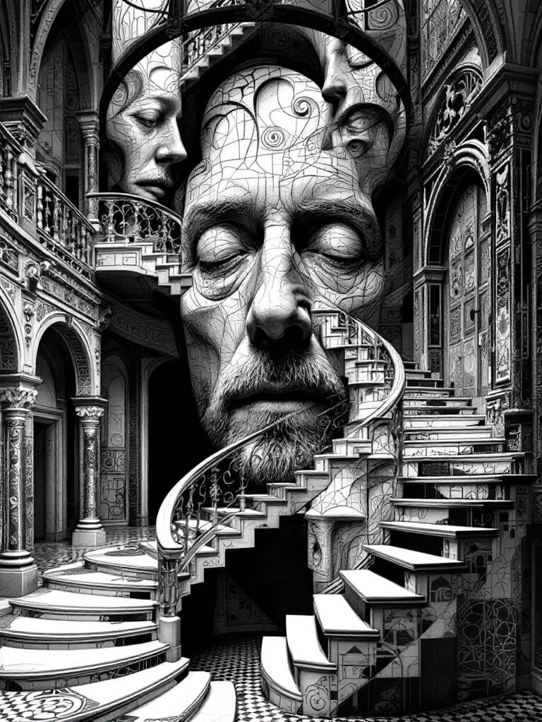 Escher's Fractured Face in Klimt-Inspired Architecture