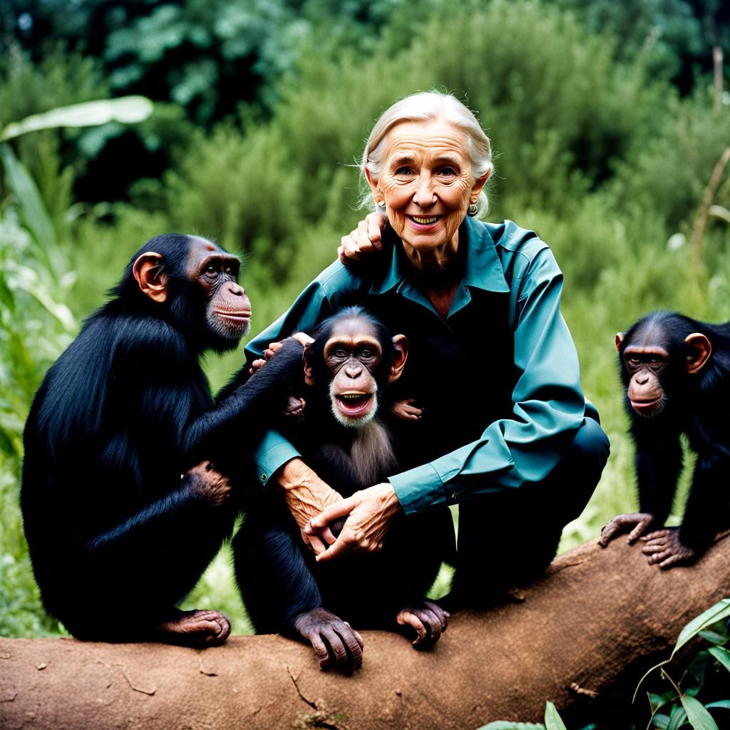 Jane Goodall with chimpanzees