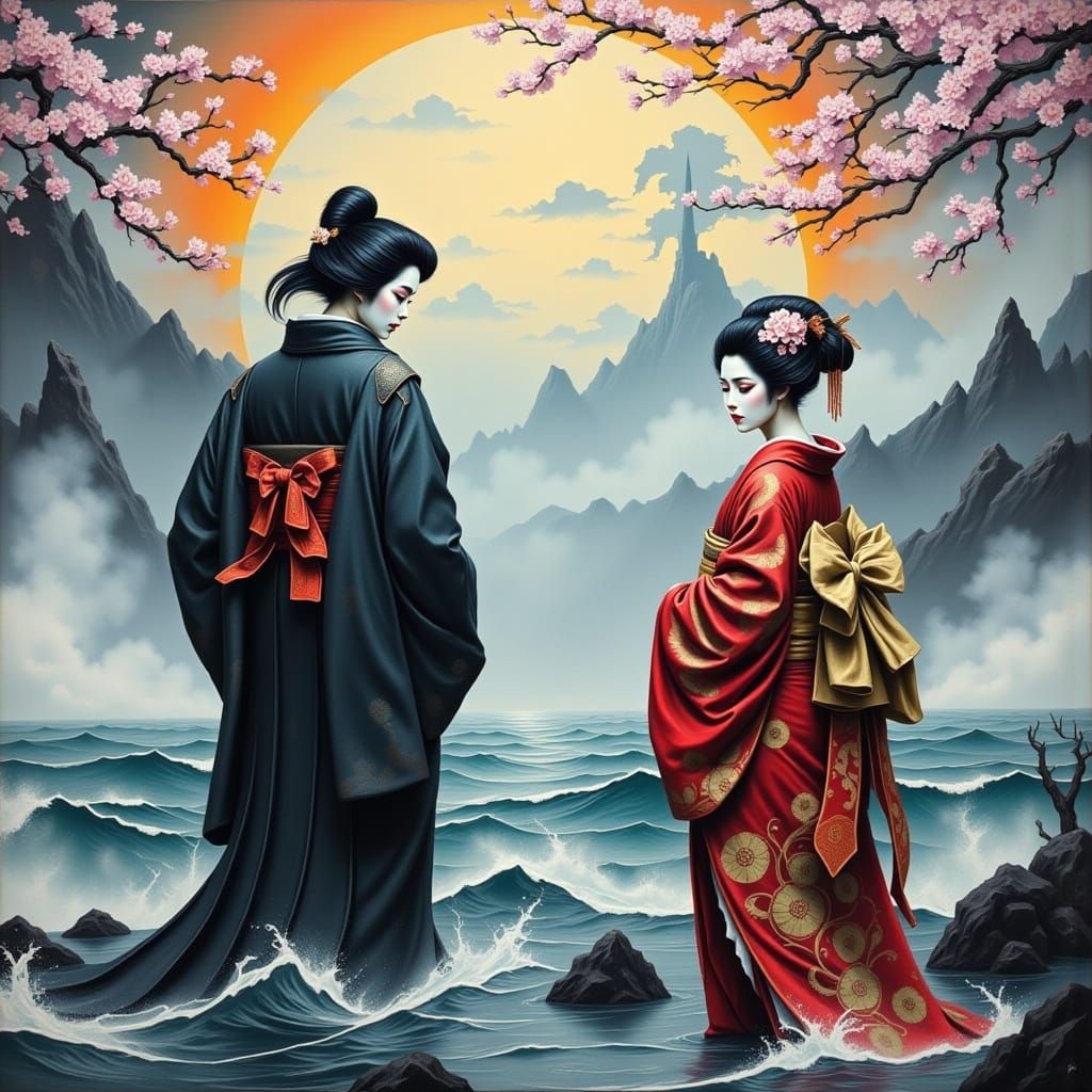 Samurai and Geisha by the Sea in Traditional Japanese Art St...