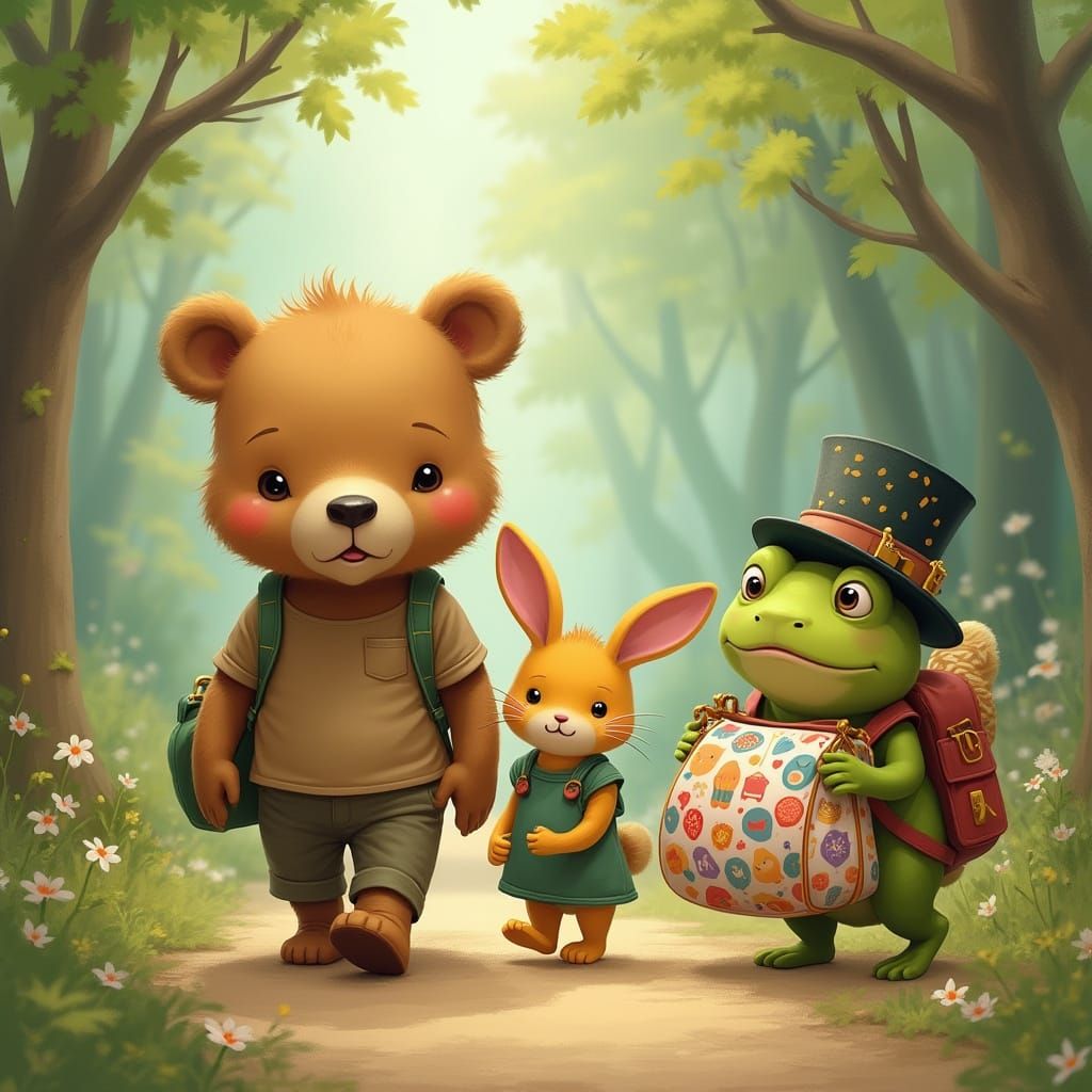 Friends Walking in Whimsical Forest Illustration