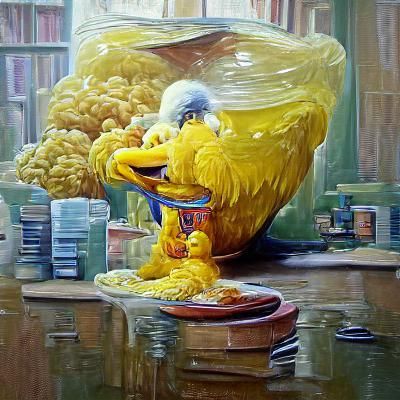Big Bird Eats Cereal: An Oil Painting