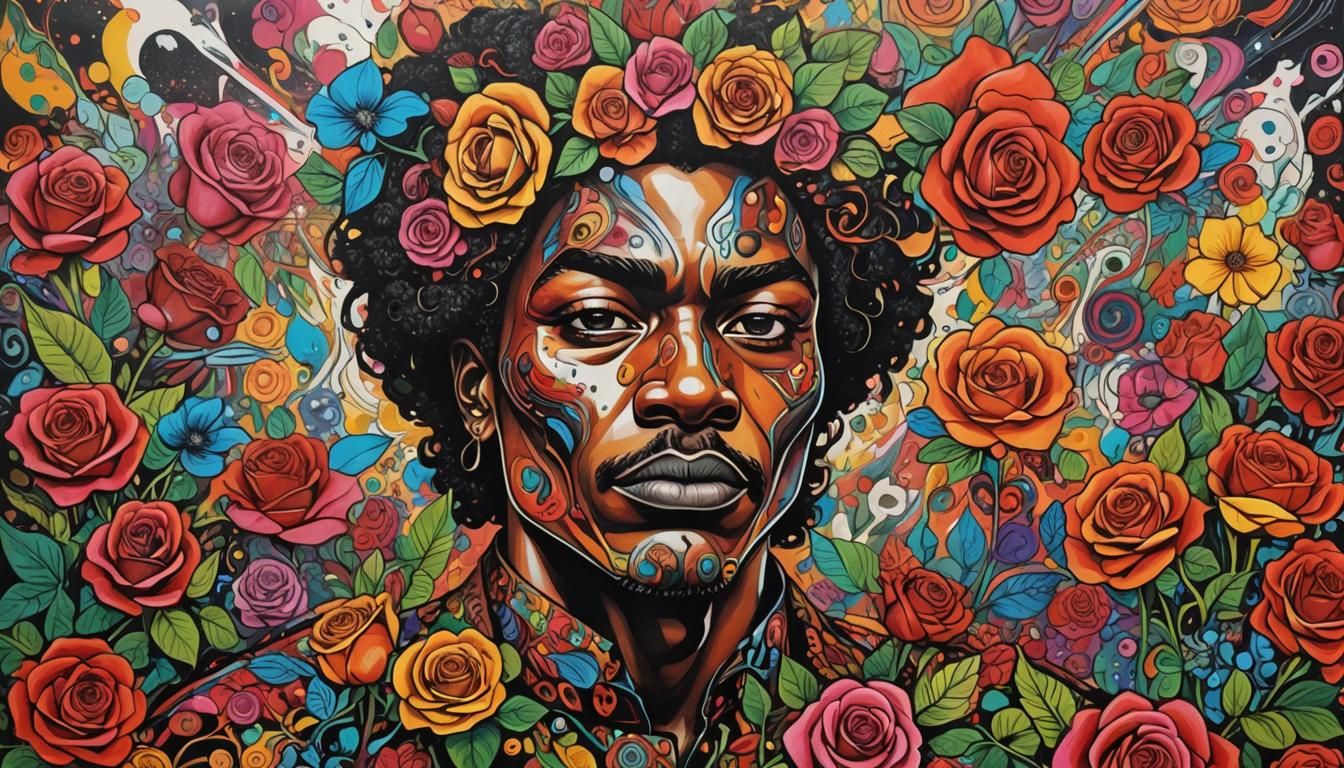 Colorful Surreal Ink Drawing of Roses