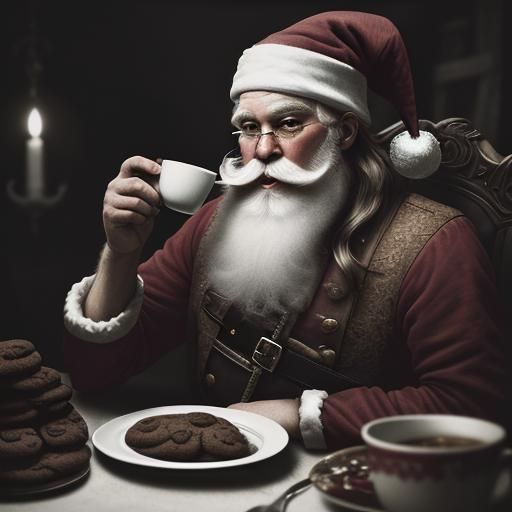 Hyperrealistic Pirate Santa Claus Enjoying Coffee