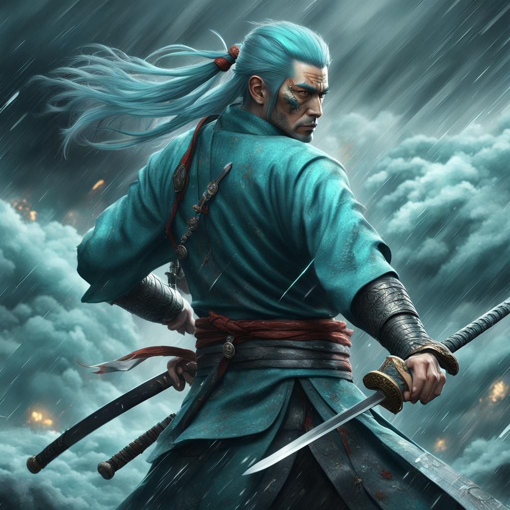 Turquoise Haired Warrior Amidst Storm with Katanas