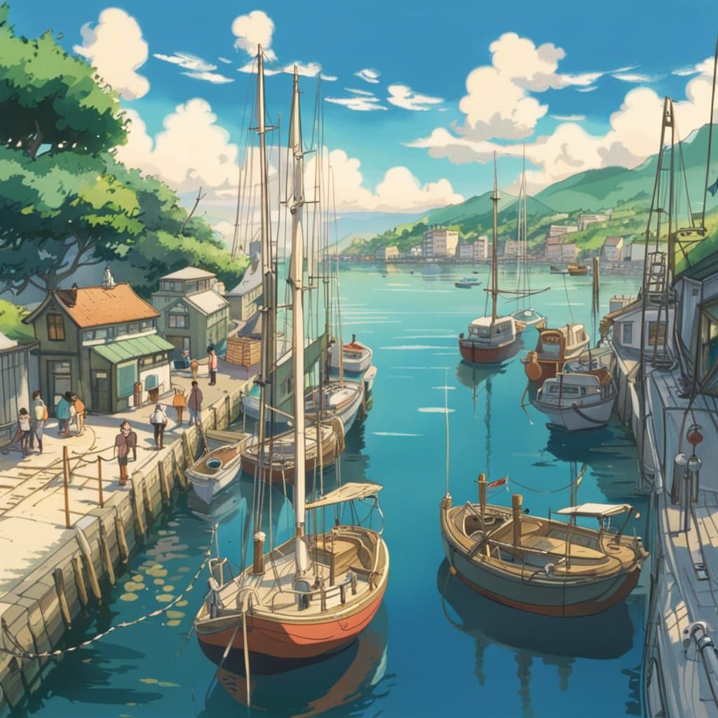 Harbor with Sailing Boats in Studio Ghibli Style