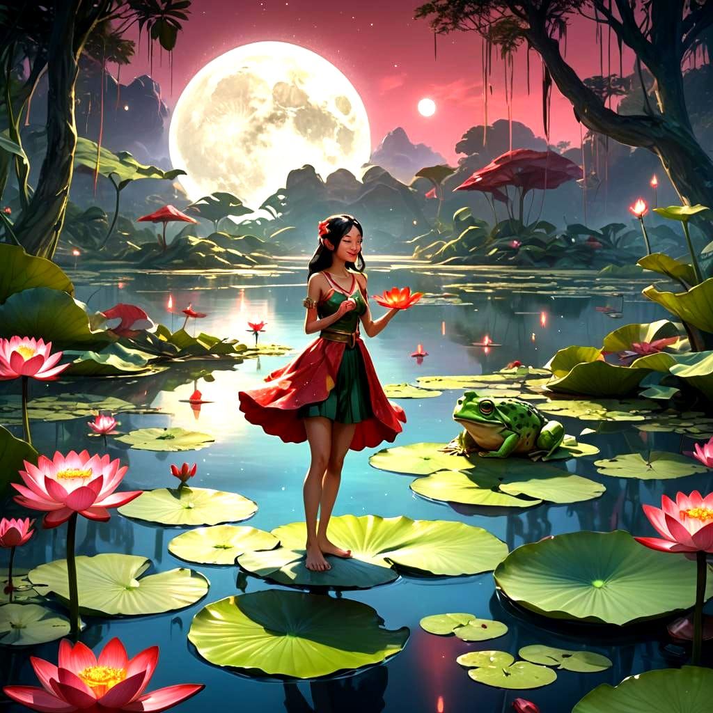 Frog Girl Dancing on Lotus Lake: Fantasy Art