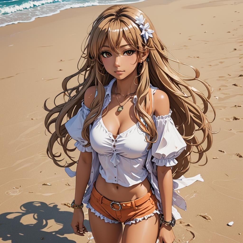 Gyaru Gal at Beach: Cel-Shaded Anime Style