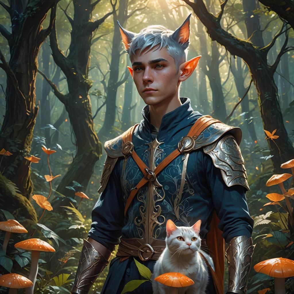 Mystical Elf Boy with Cat Ears in Fantasy Forest