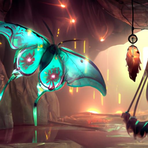 Moth with Neon Dreamcatcher: Alphonse Mucha Style