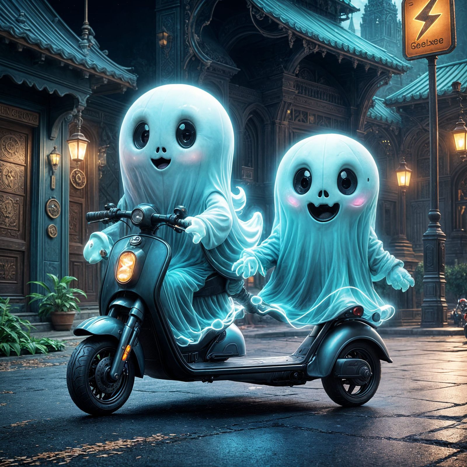 Cute Ghosts on Scooter: Detailed Digital Painting