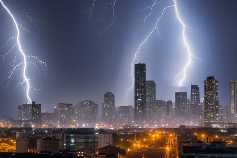 Metropolis Under Lightning Storm with Alien Mothership
