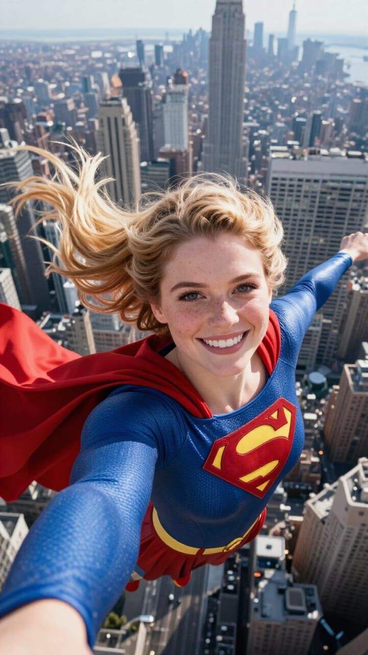 Supergirl Selfie Over Manhattan Skyline