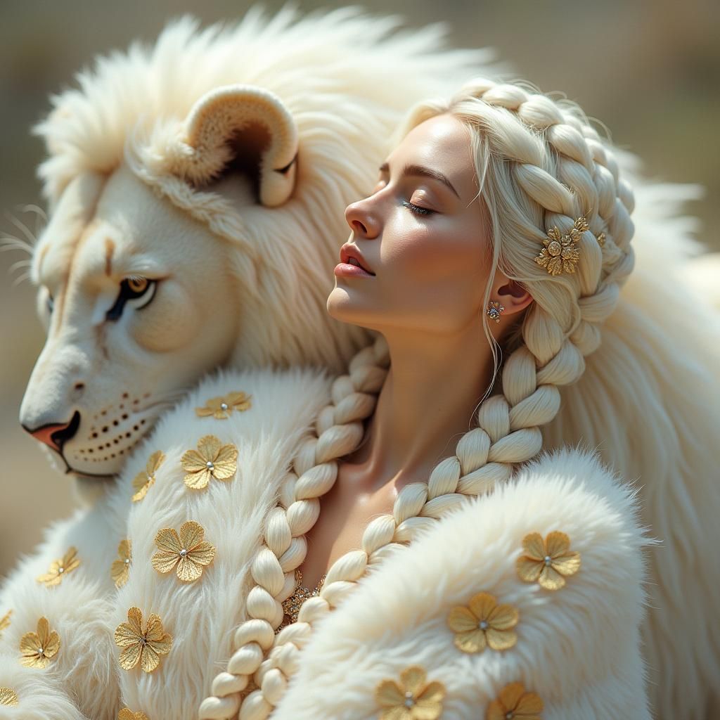 Woman and White Lion in Ethereal Fantasy Realism
