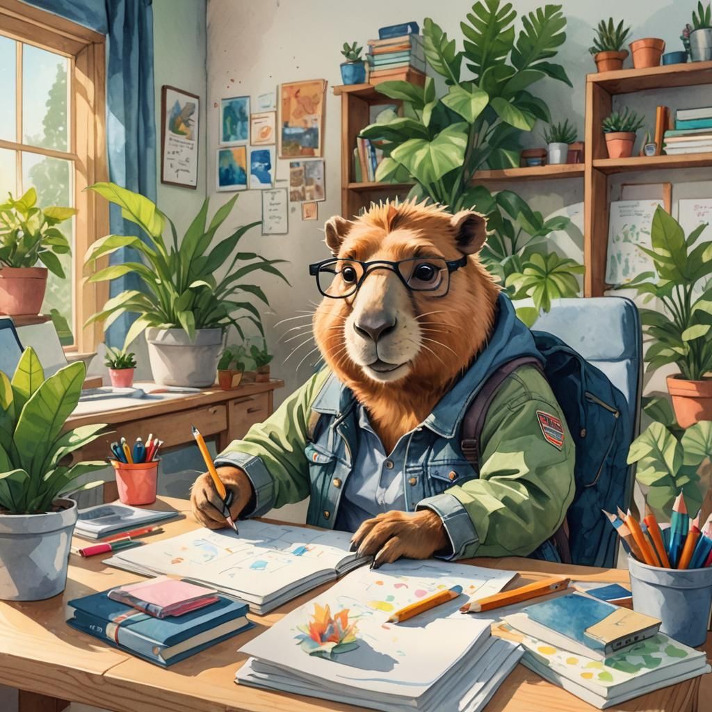 Capybara Studying in Cozy Room, Watercolor Fantasy Art