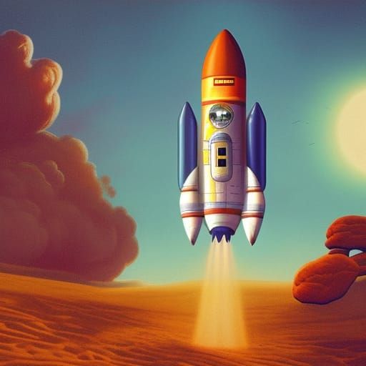 Rocketship Landing on Alien Planet in Digital Art Style