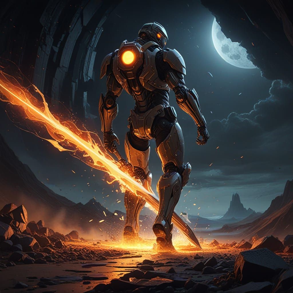 A blazing sword swings, its molten blade crackling with arcs of searing energy