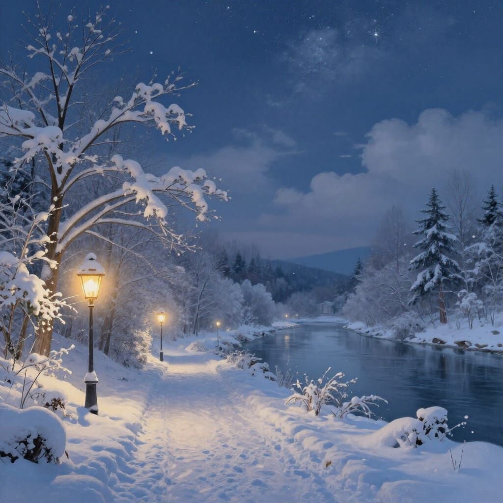 Tranquil Winter Night Path with Glowing Lanterns
