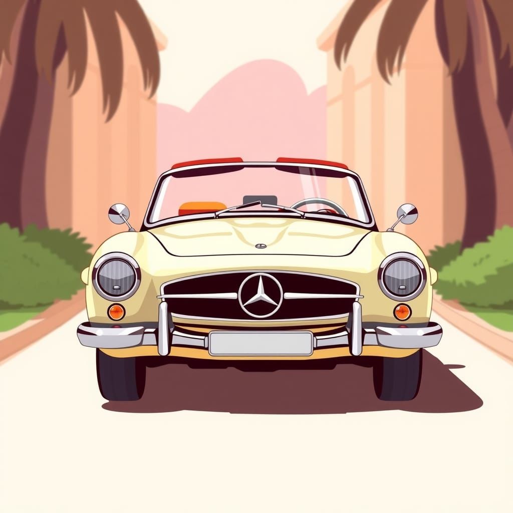 Vintage 1950s Cartoon Mercedes Convertible in Pastel Colors