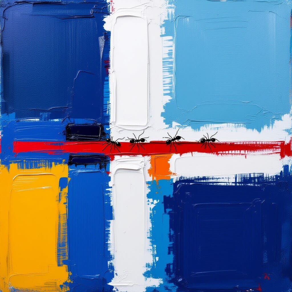 Abstract Painting with Blue Lines and Impasto Texture