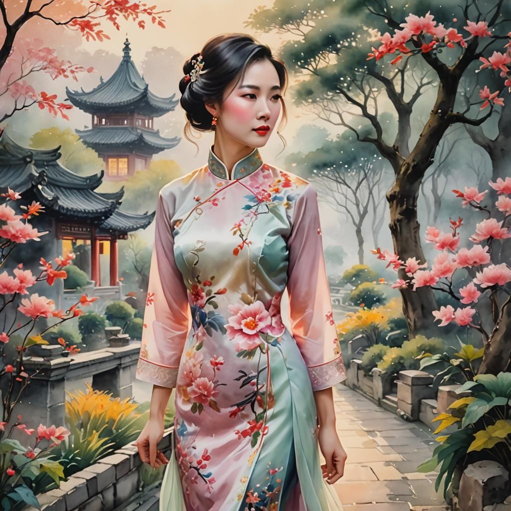 Woman in Qipao in Misty Garden: Watercolor Painting