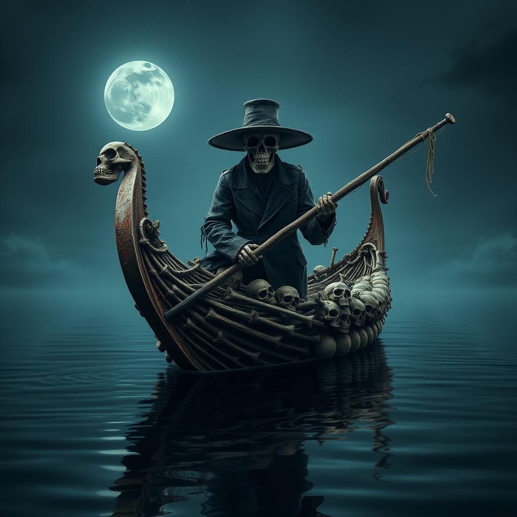 A terrifying boat made entirely of bones and skulls drifts o...