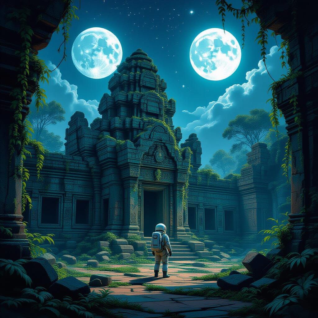 Astronaut and Ancient Temple on Distant Planet