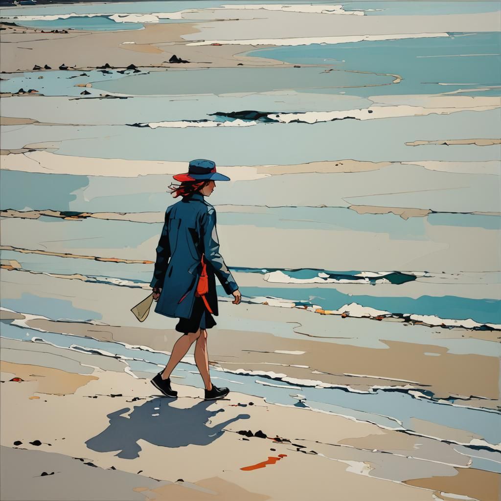 Woman Walking on Beach in Abstract Art Style