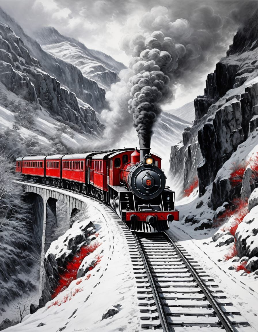 Red Steam Train Emerges From Snowy Mountain Tunnel Charcoal ...
