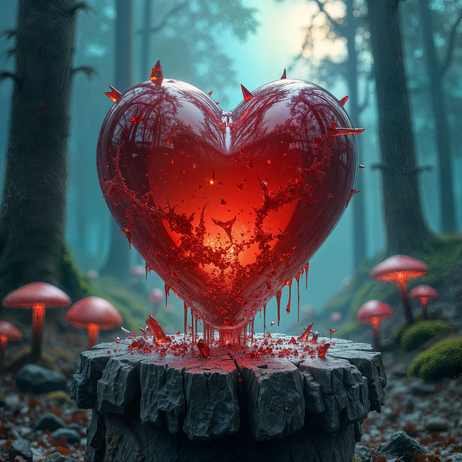 Broken Red Glass Heart: Detailed Matte Painting