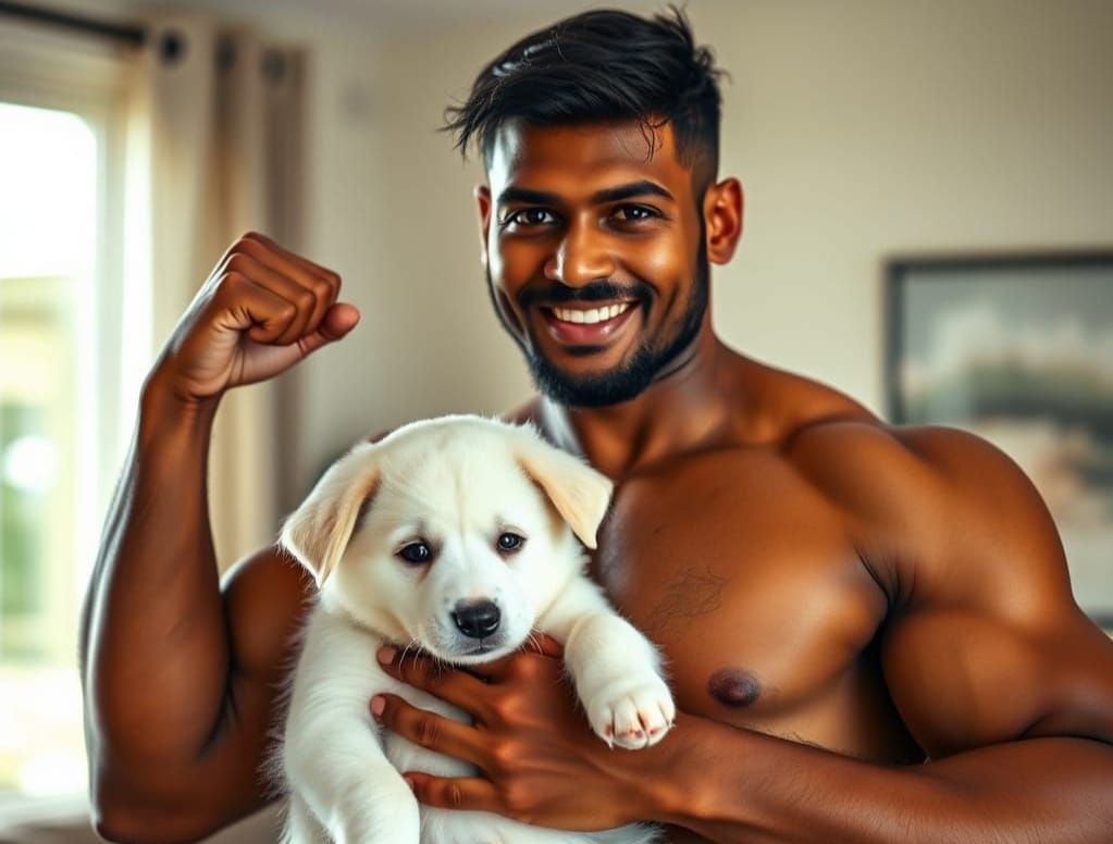 Handsome Indian Man and Adorable White Puppy