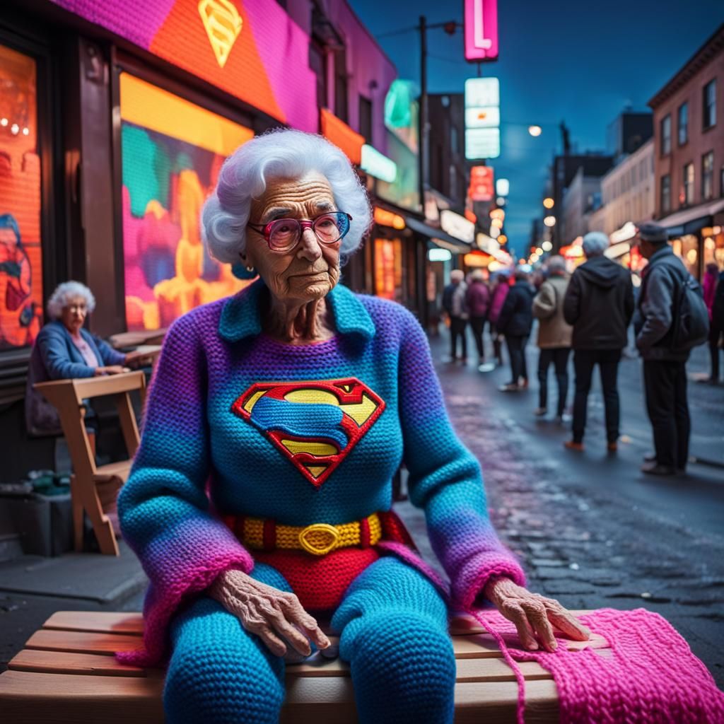 Elderly Woman Crocheting Superman in Synthwave Neon Style