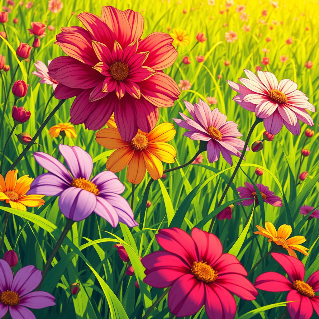 Dancing Flowers in Anime Style Illustration