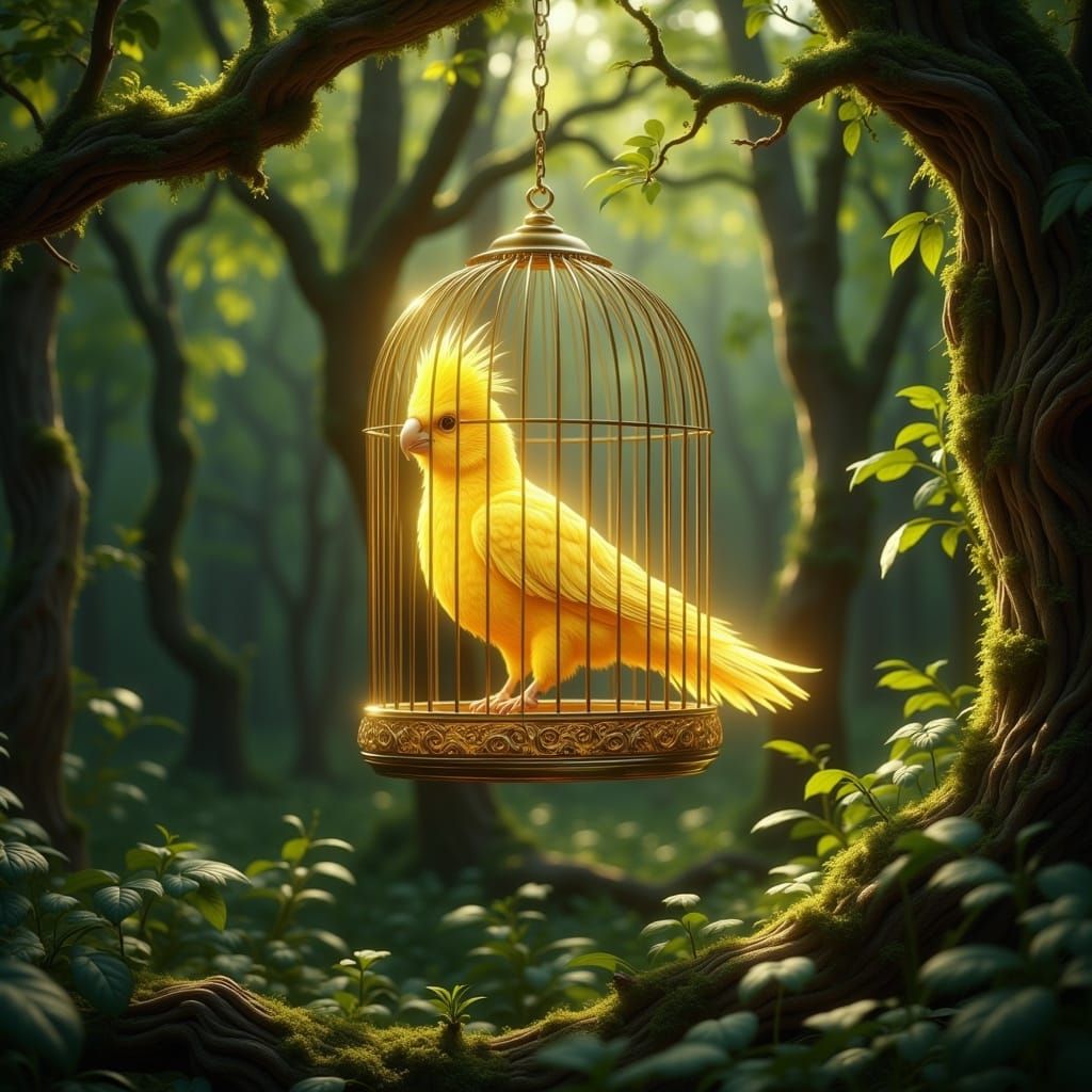 Luminescent Canary in Ornate Birdcage, Digital Art