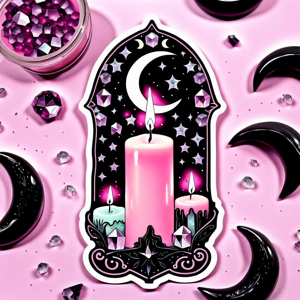 Pastel Goth Wiccan Pink Candle Sticker with Crystals