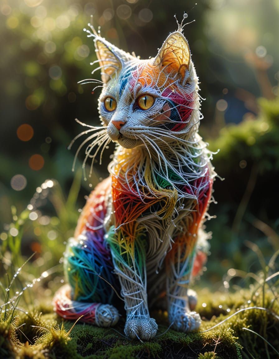 Intricate Spiderweb Cat Sculpture in Sunrise Light