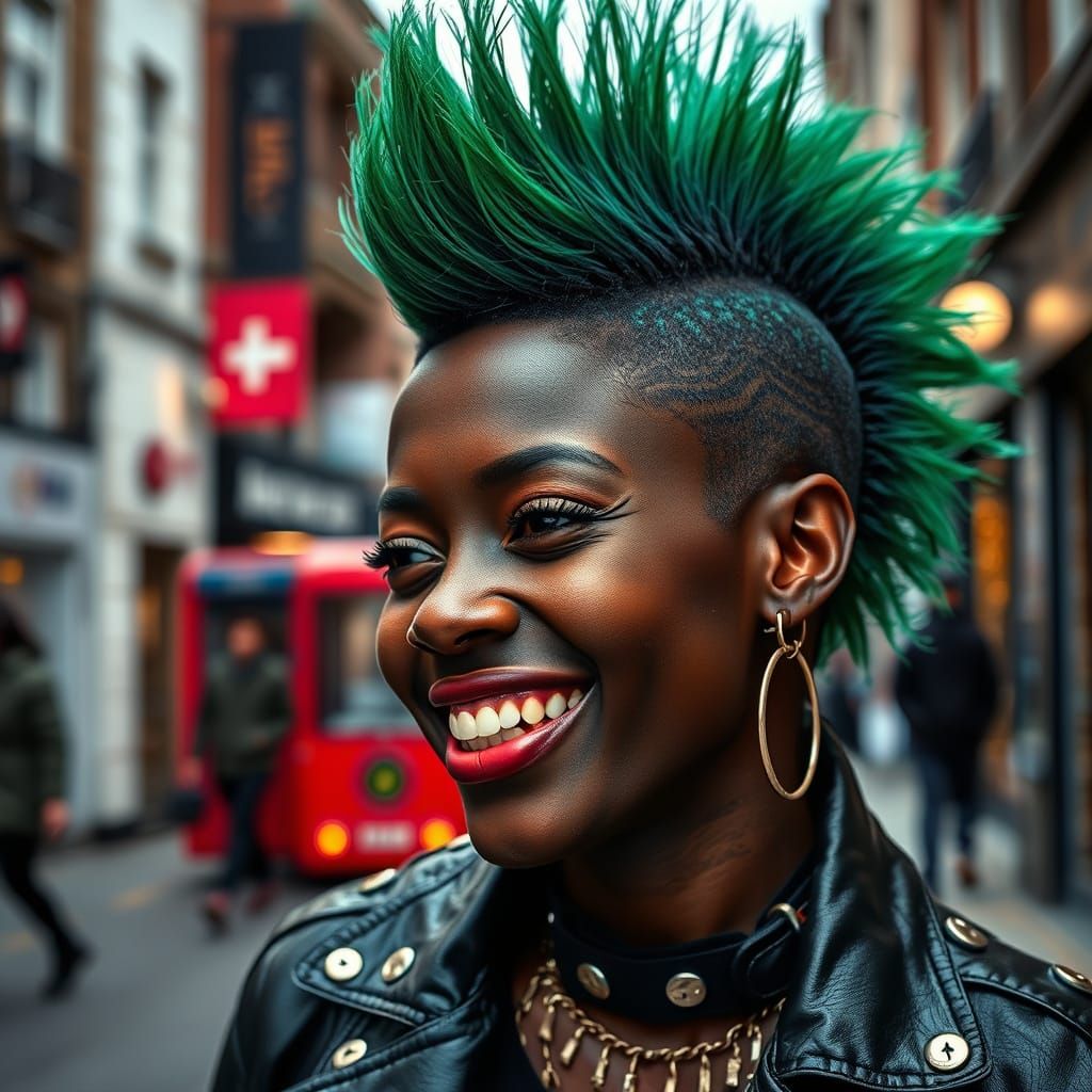Punk Woman with Green Mohawk in London Street