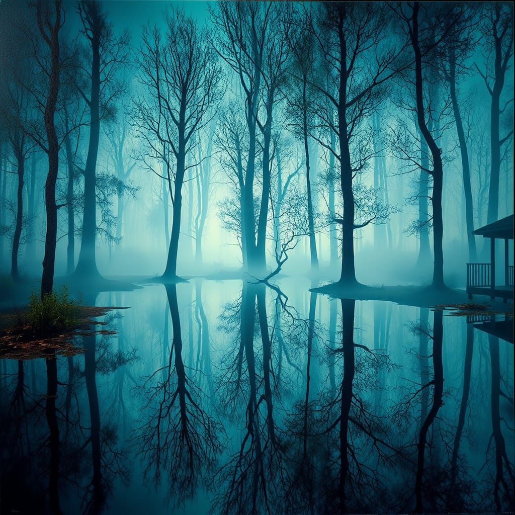 Surreal Inverted Forest Reflection in Mist