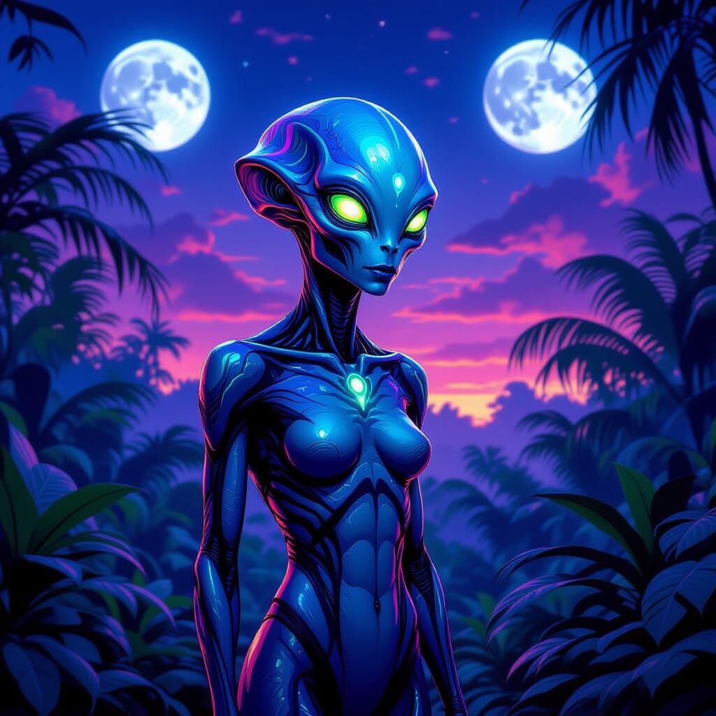 Alien Hybrid in Bioluminescent Jungle