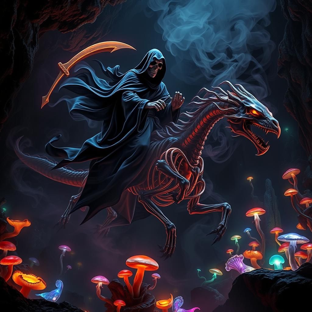 Grim Reaper Rides Dragon of Black Smoke