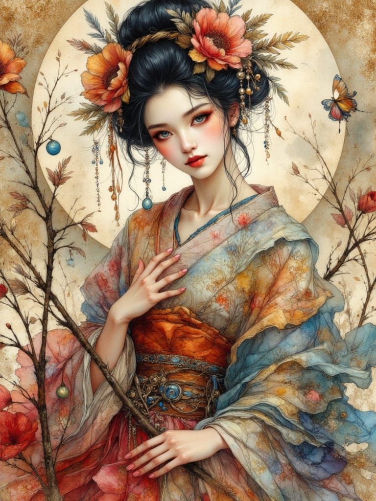 Geisha in Dark Fantasy Earth Tone Illustration