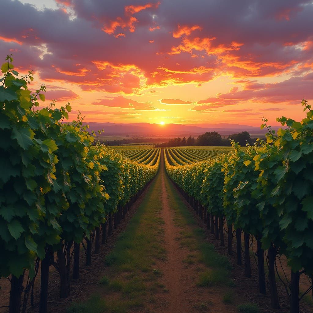 Serene Vineyard at Sunset in Impressionist Style