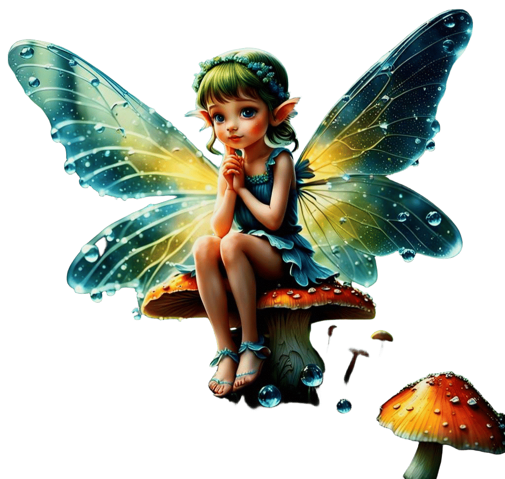 Macro Fairy on Mushroom with Dewdrops
