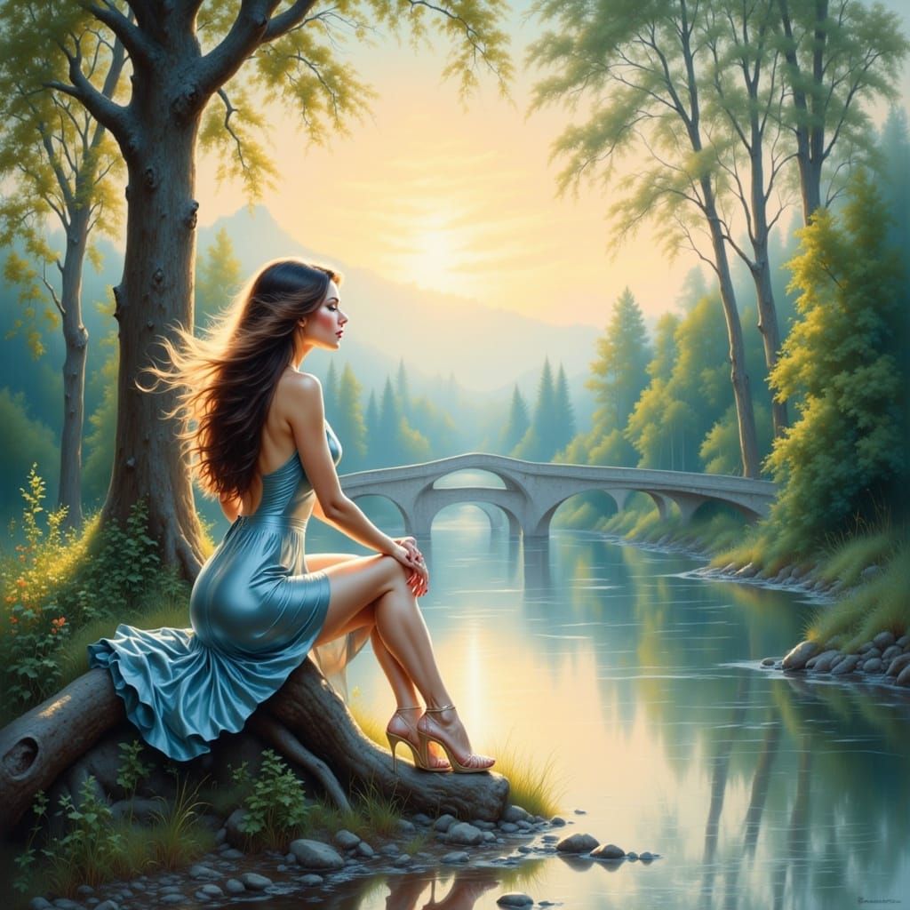 Impressionistic Oil Painting of Woman by River