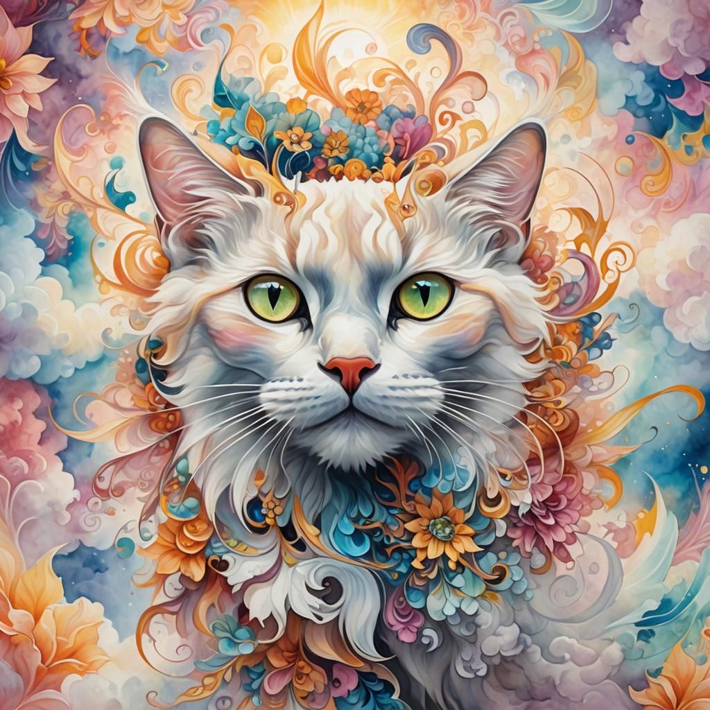 Fractal Abstract Art with Cat Eyes in Watercolor Style