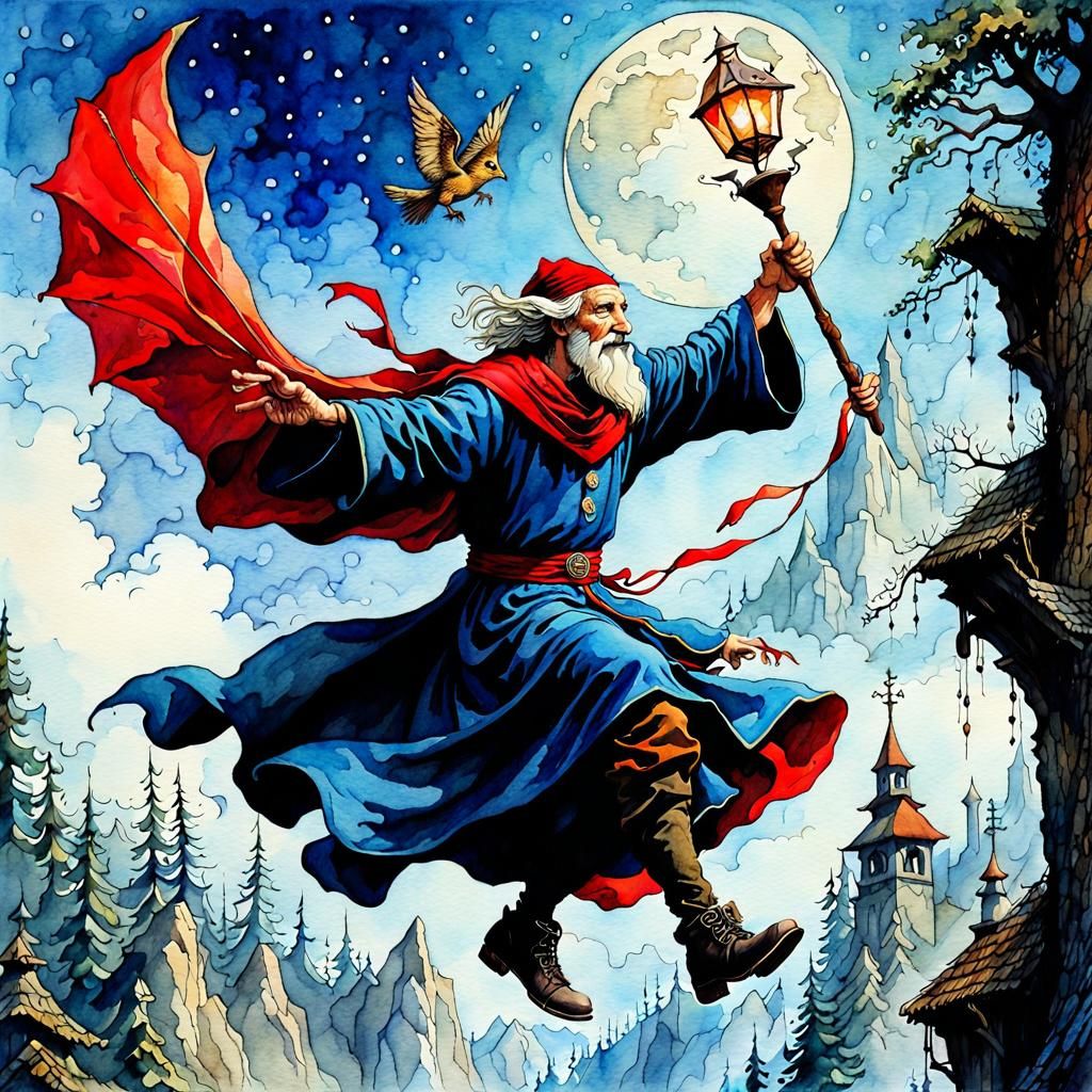 Soaring Sorcerer in Watercolor Style